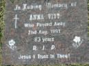 
Anna VITT,
died 2 Aug 1991 aged 83 years;
Mudgeeraba cemetery, City of Gold Coast
