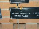 
Gladys JOHNSTON,
18-4-1916 - 27-2-2003;
Reginald JOHNSTON,
30-9-1910 - 26-5-1997;
Mudgeeraba cemetery, City of Gold Coast
