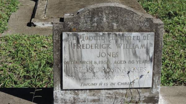 Frederick William JONES  | d: 8 Mar 1954 aged 86  |   | Bessie Rosina JONES  | d: 26 Apr 1960 aged 84  |   | Mulgildie Cemetery, North Burnett Region  |   | 