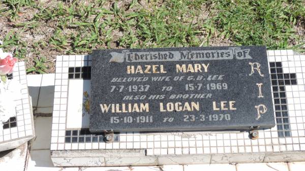 Hazel Mary (LEE)  | b: 7 Jul 1937  | d: 15 Jul 1969  | wife of G.B. LEE  |   | his brother  | William Logan LEE  | b: 15 Oct 1911  | d: 23 Mar 1970  |   | Mulgildie Cemetery, North Burnett Region  |   | 