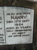 
James BARNES,
born 4 July 1840
died 20 July 1908 aged 68 years;
Nanny, wife,
died 17 Sept 1924 aged 81 years;
Mundoolun Anglican cemetery, Beaudesert Shire
