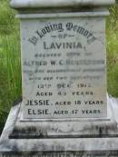 
Lavinia, wife of Alfred W.C. HENDERSON,
accidentally drowned with her two daughters
13 Dec 1913 aged 45 years;
Jessie, aged 18 years;
Elsie, aged 17 years;
Alfred William Compigne HENDERSON,
died 7 Dec 1937 aged 78 years;
Mundoolun Anglican cemetery, Beaudesert Shire
