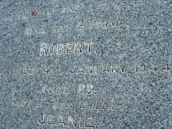 Jean Tait MARTIN,  | died 4 May 1930 aged 75;  | Robert, husband,  | died 4 Jan 1944 aged 87;  | children;  | Jeanie,  | born 16 Feb 1890 died 21 March 1895;  | Elizabeth,  | born 19 May 1894 died 21 April 1895;  | Mary McNaught,  | born 2 Jan 1893 died 16 June 1933;  | Margaret,  | born 23 Aug 1881 died 15 June 1947;  | Agnes Logan,  | born 21 Sept 1879 died 21 June 1948;  | Robert Patrick Wright,  | born 13 Sept 1887  | killed in action France 9 Oct 1917;  | Alexander Tait,  | born 8 Aug 1885 died 23 Nov 19??;  | James,  | 30 Aug 1883 - 10 Aug 1956;  | John,  | 22 May 1896 - 24 Dec 1990;  | Mundoolun Anglican cemetery, Beaudesert Shire  | 