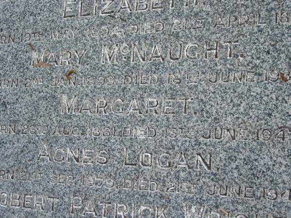 Jean Tait MARTIN,  | died 4 May 1930 aged 75;  | Robert, husband,  | died 4 Jan 1944 aged 87;  | children;  | Jeanie,  | born 16 Feb 1890 died 21 March 1895;  | Elizabeth,  | born 19 May 1894 died 21 April 1895;  | Mary McNaught,  | born 2 Jan 1893 died 16 June 1933;  | Margaret,  | born 23 Aug 1881 died 15 June 1947;  | Agnes Logan,  | born 21 Sept 1879 died 21 June 1948;  | Robert Patrick Wright,  | born 13 Sept 1887  | killed in action France 9 Oct 1917;  | Alexander Tait,  | born 8 Aug 1885 died 23 Nov 19??;  | James,  | 30 Aug 1883 - 10 Aug 1956;  | John,  | 22 May 1896 - 24 Dec 1990;  | Mundoolun Anglican cemetery, Beaudesert Shire  | 