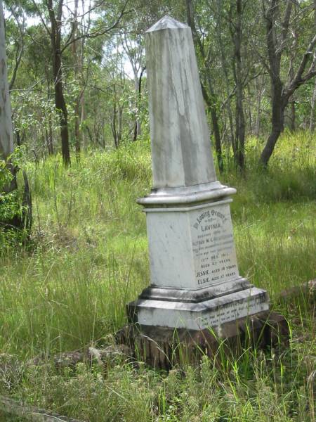 Lavinia, wife of Alfred W.C. HENDERSON,  | accidentally drowned with her two daughters  | 13 Dec 1913 aged 45 years;  | Jessie, aged 18 years;  | Elsie, aged 17 years;  | Alfred William Compigne HENDERSON,  | died 7 Dec 1937 aged 78 years;  | Mundoolun Anglican cemetery, Beaudesert Shire  | 