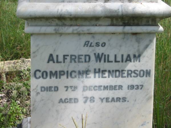 Lavinia, wife of Alfred W.C. HENDERSON,  | accidentally drowned with her two daughters  | 13 Dec 1913 aged 45 years;  | Jessie, aged 18 years;  | Elsie, aged 17 years;  | Alfred William Compigne HENDERSON,  | died 7 Dec 1937 aged 78 years;  | Mundoolun Anglican cemetery, Beaudesert Shire  | 