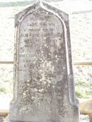 
Robert MONTGOMERY,
died 16 July 1916 aged 76 years;
Jane MONTGOMERY,
died 21 April 1928 aged 91 years;
William MONTGOMERY,
died 8 Oct 1882 aged 17 years;
Jane Brown,
daughter of Jane & Rob MONTGOMERY,
born 29 Jan 1868 died 17 July 1871;
Robt Stewart MONTGOMERY,
born 19 Dec 1880 died 27 April 1881;
David Stewart,
second son of John & Agnes MONTGOMERY,
died 21 Oct 1927 aged 13 years 8 months;
Murphys Creek cemetery, Gatton Shire
