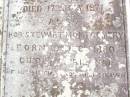 
Robert MONTGOMERY,
died 16 July 1916 aged 76 years;
Jane MONTGOMERY,
died 21 April 1928 aged 91 years;
William MONTGOMERY,
died 8 Oct 1882 aged 17 years;
Jane Brown,
daughter of Jane & Rob MONTGOMERY,
born 29 Jan 1868 died 17 July 1871;
Robt Stewart MONTGOMERY,
born 19 Dec 1880 died 27 April 1881;
David Stewart,
second son of John & Agnes MONTGOMERY,
died 21 Oct 1927 aged 13 years 8 months;
Murphys Creek cemetery, Gatton Shire

