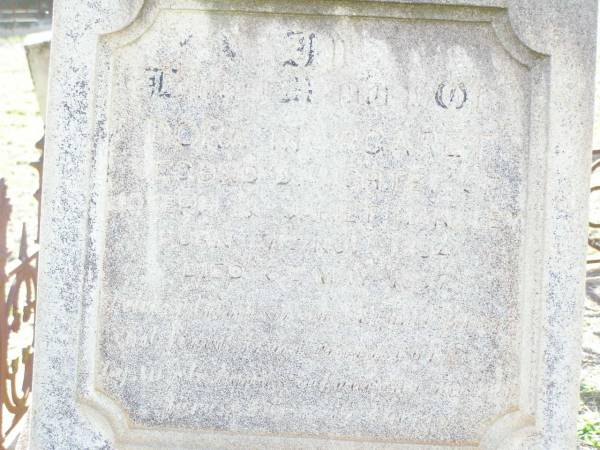 Richard KERR,  | died 27 August 1889 aged 61 years;  | Janet KERR,  | died 12 Oct 1908 aged 87 years;  | Joseph HANDLEY, husband father,  | born Drayton 11 Oct 1863,  | died Murphys Creek 23 Sept 1920;  | Dora Margaret,  | second daughter of Joseph & Jane  HANDLEY,  | born 17 Nov 1894 died 6 May 1897;  | Murphys Creek cemetery, Gatton Shire  | 