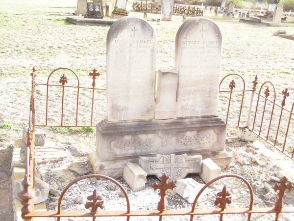 Mary KUNKEL,  | died Jan 1919 aged 85 years;  | Mary Ellen, daughter of George & Mary KUNKEL,  | died 2 Sept 1883 aged 19 years;  | George KUNKEL,  | died 29 Mar 1916 aged 82 years;  | George Micheal, son of George & Mary,  | died 25 Dec 1901 aged 43 years;  | Murphys Creek cemetery, Gatton Shire  | 