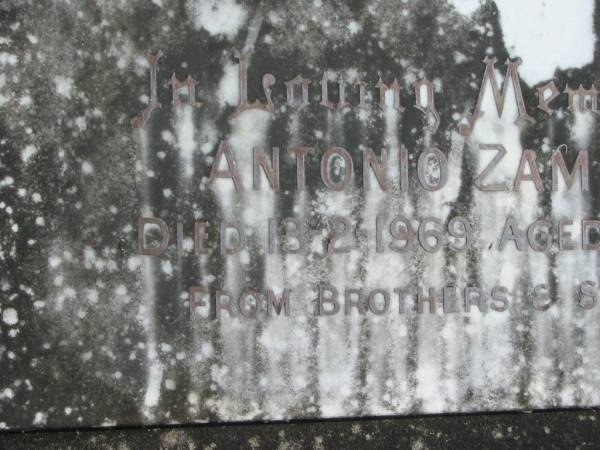 Antonio ZAMBELLI,  | died 13-2-1969 aged 61 years,  | missed by brothers & sisters;  | Murwillumbah Catholic Cemetery, New South Wales  | 