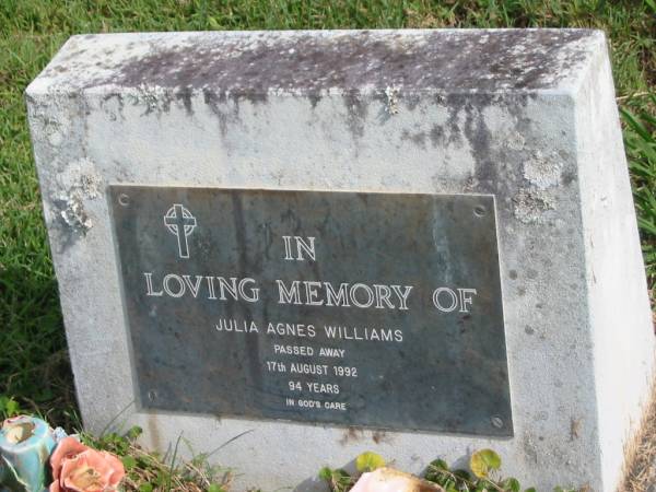 Julia Agnes WILLIAMS,  | died 17 Aug 1992 aged 94 years;  | Murwillumbah Catholic Cemetery, New South Wales  | 