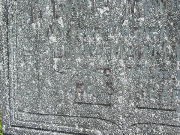Lorna Mary GLASS,  | mother,  | died 27 July 1967 aged 59 years;  | Murwillumbah Catholic Cemetery, New South Wales  | 