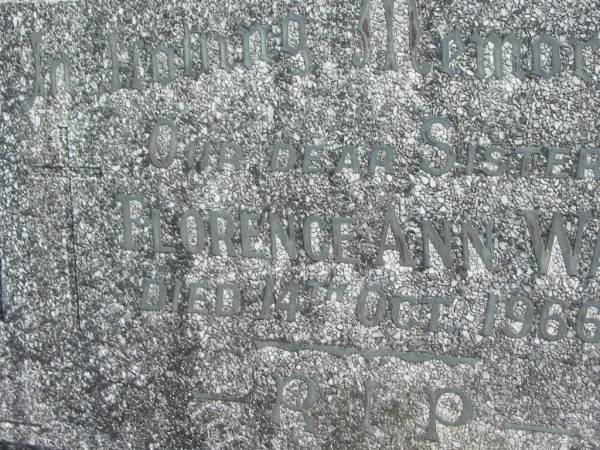 Florence Ann WALSH,  | sister,  | died 14 Oct 1966;  | Murwillumbah Catholic Cemetery, New South Wales  | 