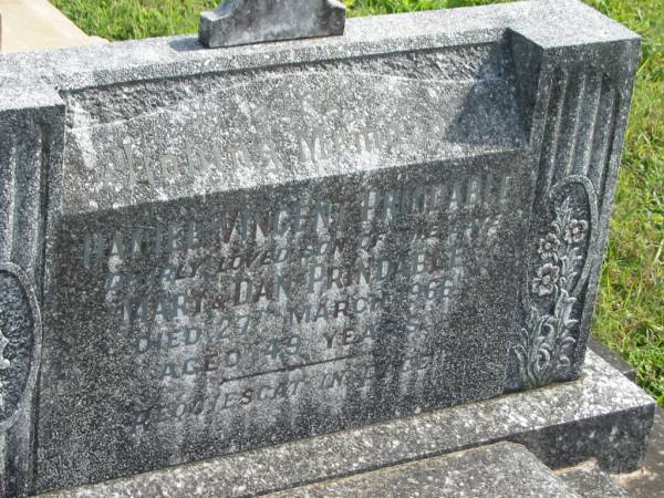 Daniel Vincent PRINDABLE,  | son of the late Mary & Dan PRINDABLE,  | died 27 March 1966 aged 49 years;  | Murwillumbah Catholic Cemetery, New South Wales  | 