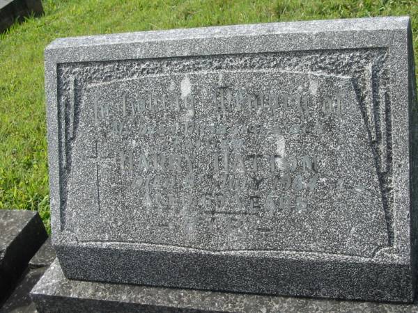 Harry HATTON,  | husband father,  | died 8 July 1964 aged 69 years;  | Murwillumbah Catholic Cemetery, New South Wales  | 
