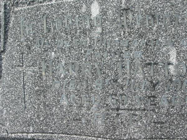 Harry HATTON,  | husband father,  | died 8 July 1964 aged 69 years;  | Murwillumbah Catholic Cemetery, New South Wales  | 
