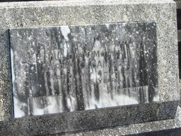 Sarah C. CAMPBELL,  | mother,  | died 4-4-1964 aged 88 years;  | Murwillumbah Catholic Cemetery, New South Wales  | 