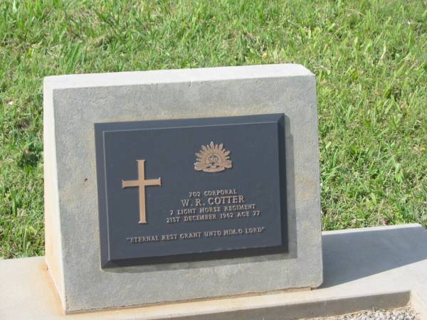 W.R. COTTER,  | died 21 Dec 1962 aged 77 years;  | Murwillumbah Catholic Cemetery, New South Wales  | 
