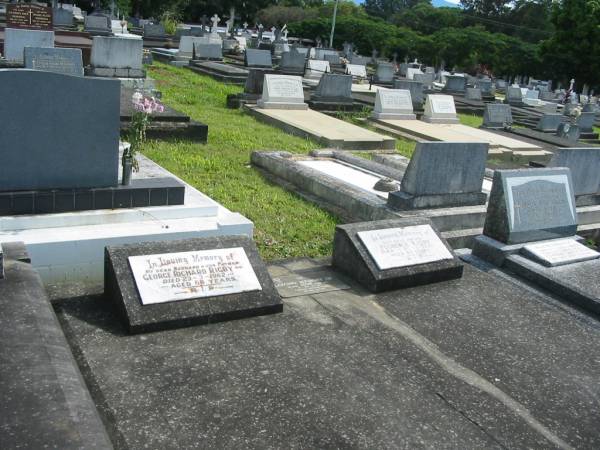 George Richard RIGBY,  | husband father,  | died 23-3-1962 aged 68 years;  | George Richard RIGBY Jnr,  | 30-6-1944 - 26-7-1944;  | Francis Arthur RIGBY,  | 11-7-1924 - 11-3-1991;  | Florence RIGBY,  | mother,  | died 30-3-1990 aged 87 years;  | Murwillumbah Catholic Cemetery, New South Wales  | 