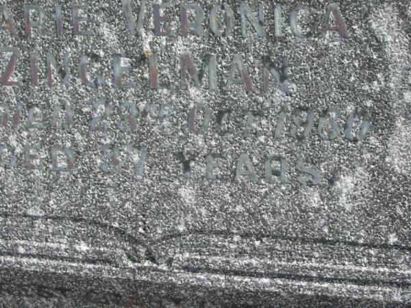 Marie Veronica ZINGELMAN,  | died 28 Oct 1960 aged 37 years;  | Murwillumbah Catholic Cemetery, New South Wales  | 