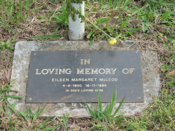 Eileen Margaret MCLEOD,  | 4-9-1900 - 16-11-1996;  | Murwillumbah Catholic Cemetery, New South Wales  | 