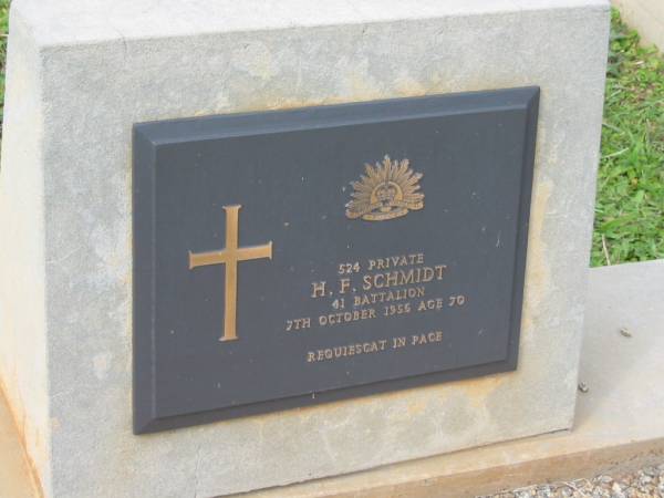 H.F. SCHMIDT,  | died 7 Oct 1956 aged 70 years;  | Murwillumbah Catholic Cemetery, New South Wales  | 