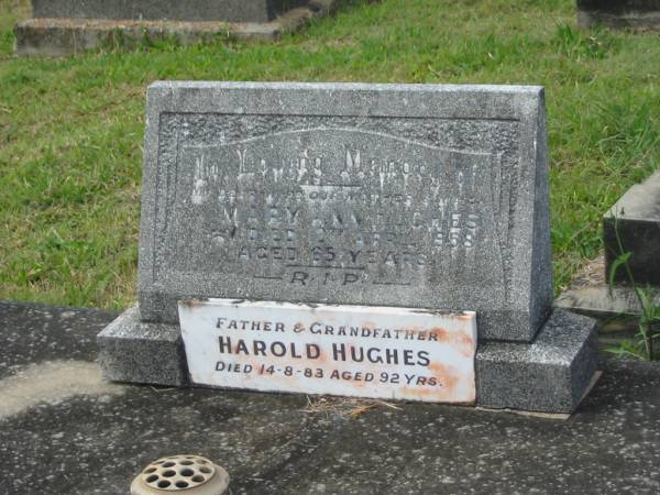Mary Ann HUGHES,  | wife mother,  | died 12 April 1958 aged 65 years;  | Harold HUGHES,  | father grandfather,  | died 14-8-83 aged 92 years;  | Murwillumbah Catholic Cemetery, New South Wales  | 