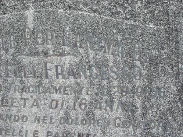 Francesco COTELLI,  | died 29-9-56 aged 16 years;  | Murwillumbah Catholic Cemetery, New South Wales  | 