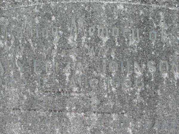 Mary Eliza JOHNSON,  | wife,  | died 1 Aug 1956,  | erected by husband;  | Murwillumbah Catholic Cemetery, New South Wales  | 