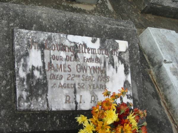 James GWYNNE,  | father,  | died 22 Sept 1958 aged 52 years;  | Murwillumbah Catholic Cemetery, New South Wales  | 
