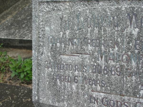 Clarence Fredrick MALONEY,  | died 30-8-69 aged 67 years;  | Eileen Laura MALONEY,  | died 12-11-83 aged 68 years;  | Murwillumbah Catholic Cemetery, New South Wales  | 