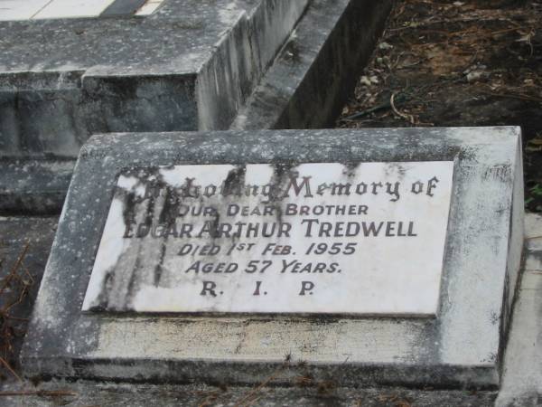 Edgar Arthur TREDWELL,  | brother,  | died 1 Feb 1955 aged 57 years;  | Murwillumbah Catholic Cemetery, New South Wales  | 