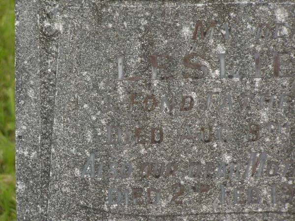 Leslie E. LUXFORD,  | husband,  | father of Enid & Leonard,  | died 8 Aug 1949 aged 58 years;  | Alice LUXFORD,  | mother,  | died 2 Feb 1969 aged 77 years;  | Murwillumbah Catholic Cemetery, New South Wales  | 