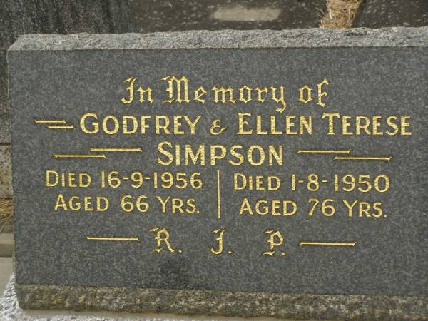 Godfrey SIMPSON,  | died 16-9-1956 aged 66 years;  | Ellen Terese SIMPSON,  | died 1-8-1950 aged 76 years;  | Murwillumbah Catholic Cemetery, New South Wales  | 