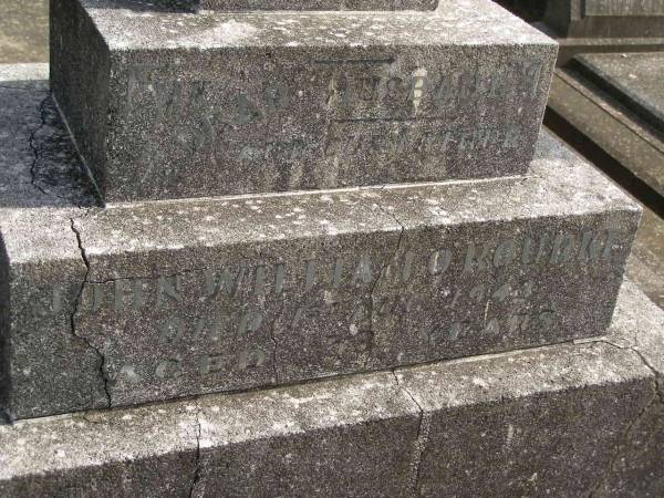 John William O'ROURKE,  | husband father,  | died 1 Aug 1943 aged 53 years;  | Murwillumbah Catholic Cemetery, New South Wales  | 