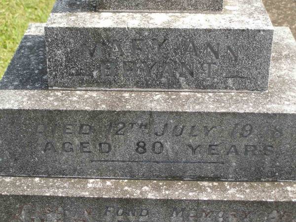 Mary Ann BRYANT,  | died 12 July 1938 aged 80 years;  | Charles BRYANT,  | died 29 April 1946 aged 89 years;  | Murwillumbah Catholic Cemetery, New South Wales  | 