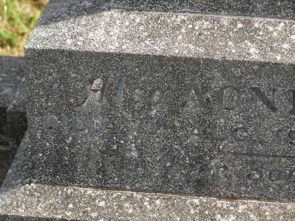 John DYNAN,  | husband father,  | died 9 May 1938 aged 75 years;  | Agnes,  | wife of H. BERRY,  | died 7 Aug 1939 aged 21 years;  | Murwillumbah Catholic Cemetery, New South Wales  | 