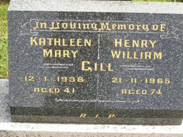 Kathleen Mary GILL,  | died 12-1-1938 aged 41 years;  | Henry William GILL,  | died 21-11-1965 aged 74 years;  | Edward Henry GILL,  | born 18 May 1921,  | missing believed killed in action Malaya Feb 1942;  | John Shields GILL,  | born 6 April 1932,  | killed in action Korean War 4 Sep 1952;  | Murwillumbah Catholic Cemetery, New South Wales  | 