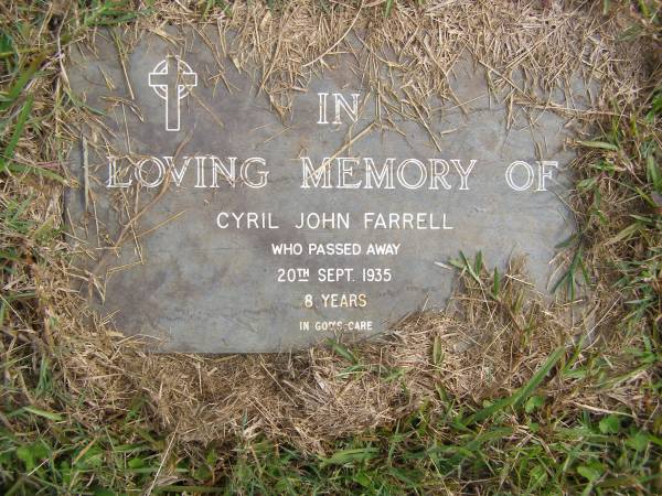 Cyril John FARRELL,  | died 20 Sept 1935 aged 8 years;  | Murwillumbah Catholic Cemetery, New South Wales  | 