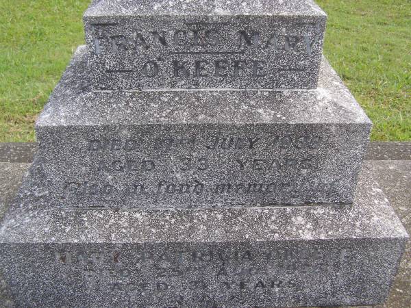 Frances Mary O'KEEFE,  | died 17 July 1939 aged 33 years;  | Mary Patricia (Patty) O'KEEFE,  | died 25 Aug 1936 aged 3 years;  | Murwillumbah Catholic Cemetery, New South Wales  | 