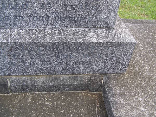 Frances Mary O'KEEFE,  | died 17 July 1939 aged 33 years;  | Mary Patricia (Patty) O'KEEFE,  | died 25 Aug 1936 aged 3 years;  | Murwillumbah Catholic Cemetery, New South Wales  | 