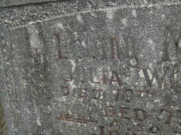 Julia WILLIAMS,  | died 19 Dec 1955 aged 75 years;  | John WILLIAMS,  | died 25 Dec 2959 aged 85 years;  | Murwillumbah Catholic Cemetery, New South Wales  | 