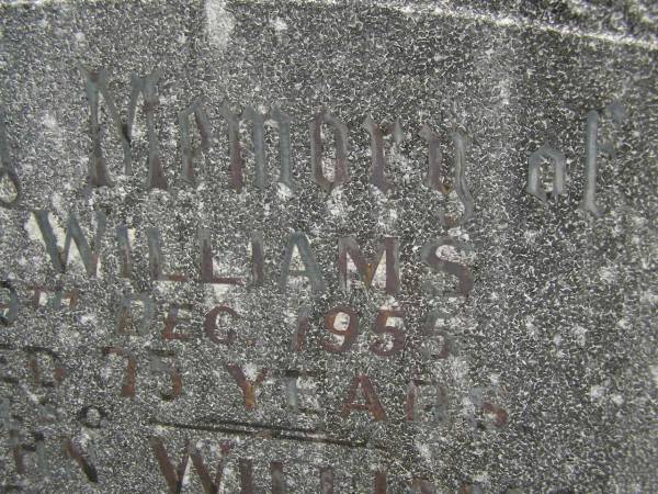 Julia WILLIAMS,  | died 19 Dec 1955 aged 75 years;  | John WILLIAMS,  | died 25 Dec 2959 aged 85 years;  | Murwillumbah Catholic Cemetery, New South Wales  | 