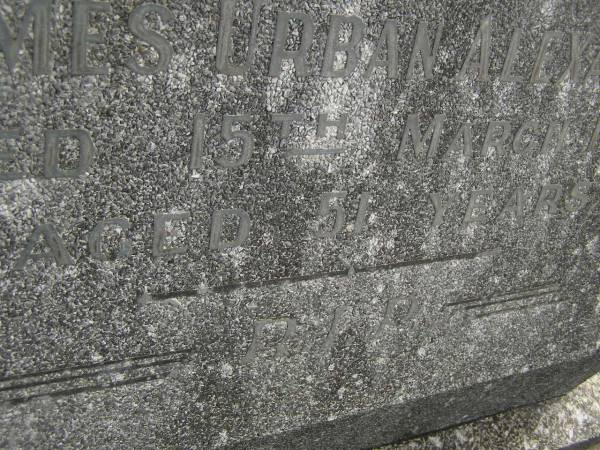 James Urban ALEXANDER,  | died 15 March 1956 aged 51 years;  | Murwillumbah Catholic Cemetery, New South Wales  | 
