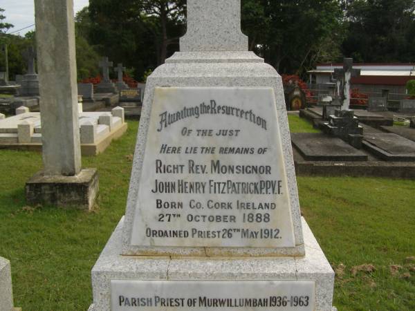 John Henry FITZPATRICK,  | born Co Cork Ireland 27 Oct 1888,  | died 24 Oct 1963;  | Murwillumbah Catholic Cemetery, New South Wales  | 
