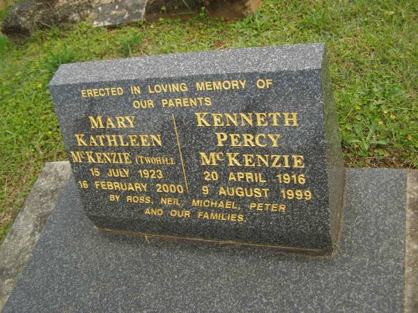 Mary Kathleen MCKENZIE (TWOHILL),  | 15 July 1923 - 16 Feb 2000;  | Kenneth Percy MCKENZIE,  | 20 April 1916 - 9 Aug 1999;  | parents of Ross, Neil, Michael & Peter;  | Murwillumbah Catholic Cemetery, New South Wales  | 