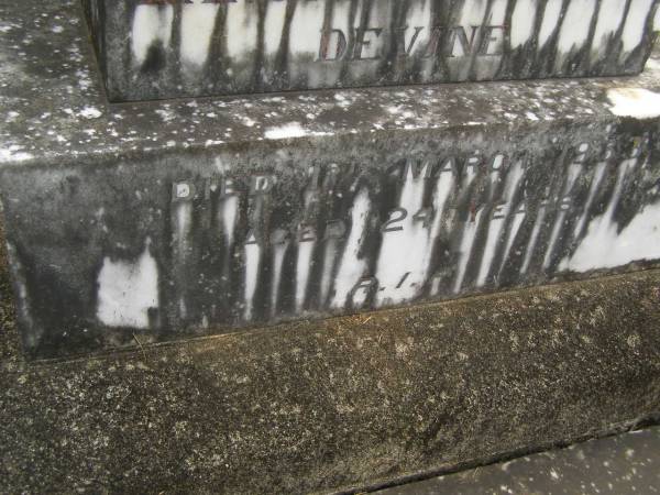 Lancelot Vincent DEVINE,  | son brother,  | died 1 March 1933 aged 24 years;  | Murwillumbah Catholic Cemetery, New South Wales  | 