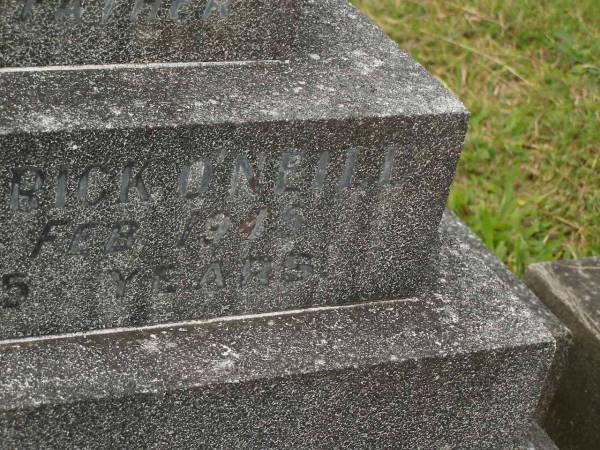 William Patrick O'NEILL,  | father,  | died 14 aReb 1945 aged 55 years;  | Elizabeth Mary O'NEILL,  | mother,  | died 13 Nov 1985 aged 83 years;  | Murwillumbah Catholic Cemetery, New South Wales  | 