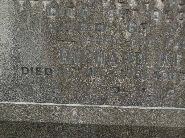 Elenia Veronica KEENA  | wife mother,  | died 31 Dec 1943 aged 69 years;  | Richard KENNA,  | father,  | died 19 July 1951 aged 89 years;  | Murwillumbah Catholic Cemetery, New South Wales  | 